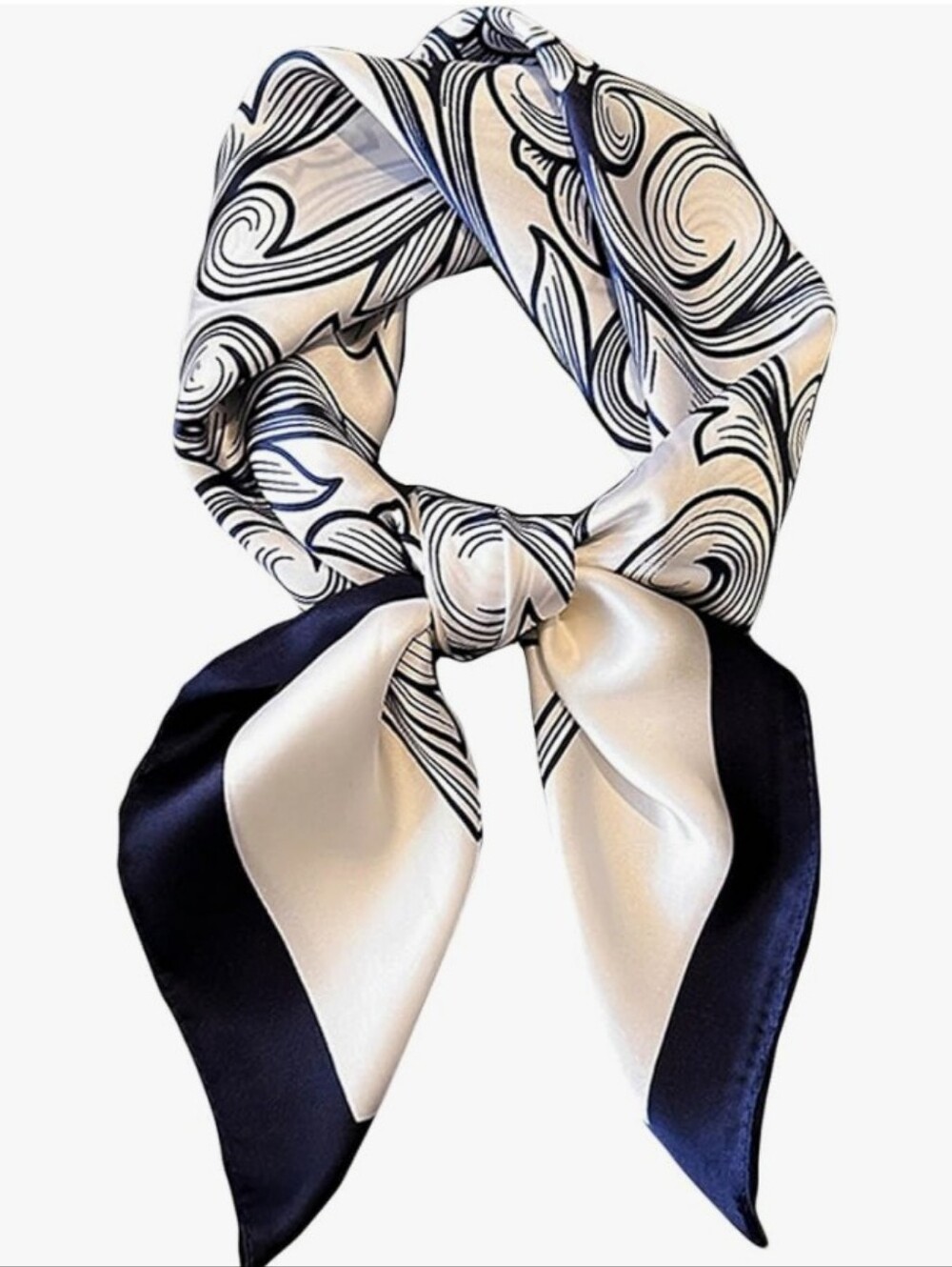 Silk-Feel Navy Blue Floral Art Print Neck Scarf 27.5'